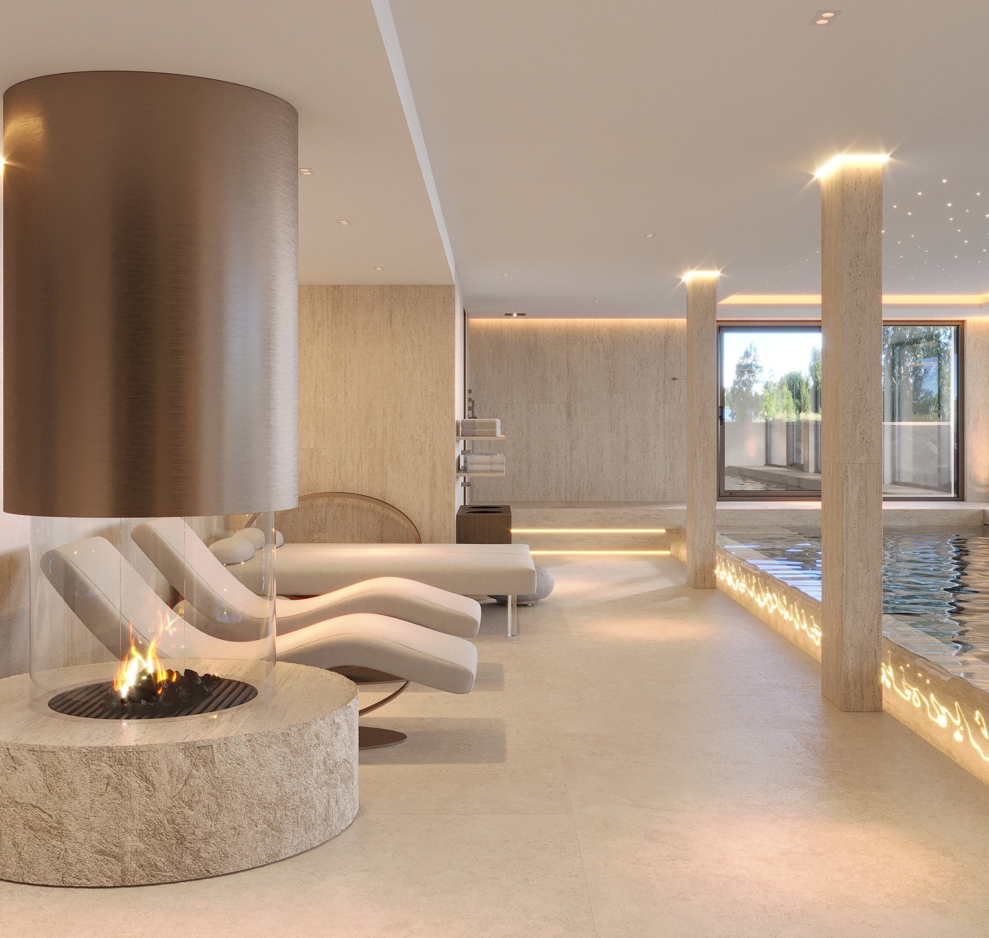 Dining room with geometric wall panel and crystal pendant